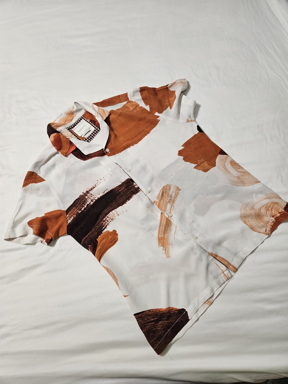 Denim & Flower White Button-Down Top with Rust and Dark Brown Brushstrokes